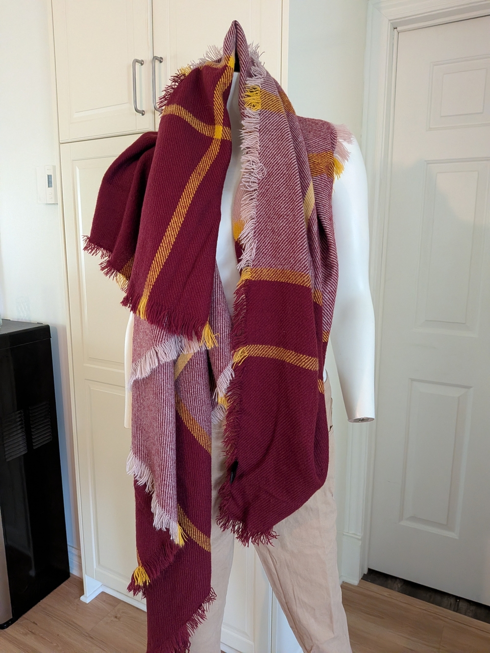 Cozy Oversized Burgundy Plaid Throw Scarf by